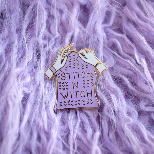 Stitch 'n Witch Enamel Lapel Pin- Lavender & Gold