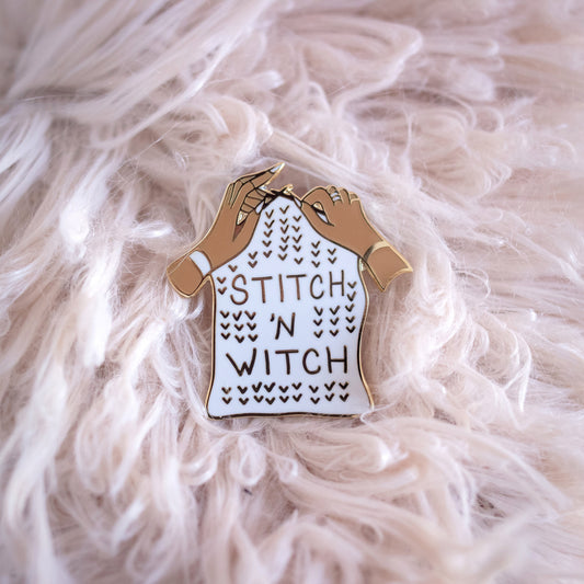 Stitch 'n Witch Enamel Lapel Pin- White & Gold